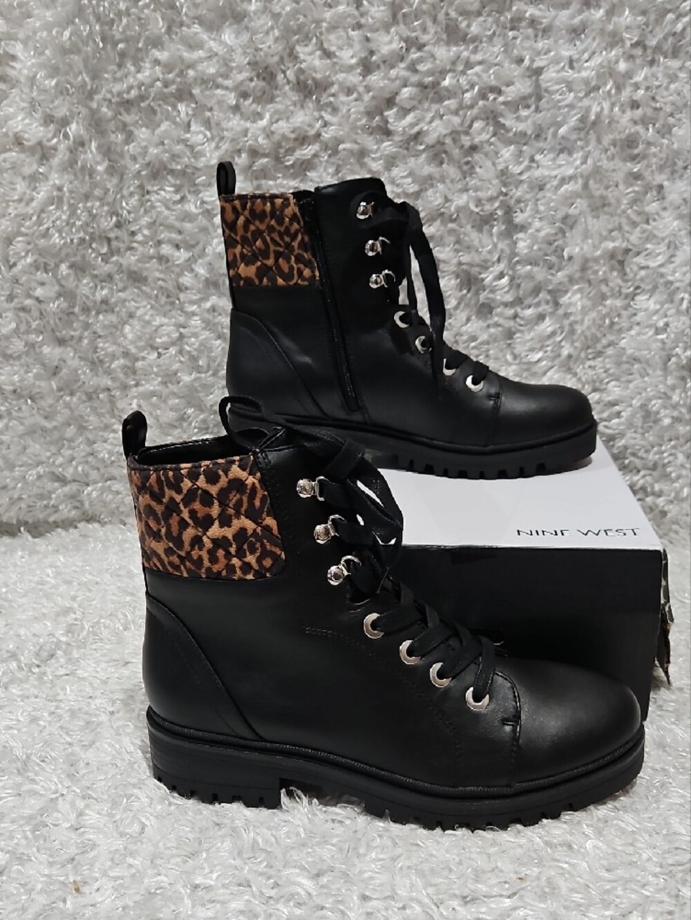 Nine West Black Lace-Up Combat Boot with Leopard Cuff - Picture 10 of 12